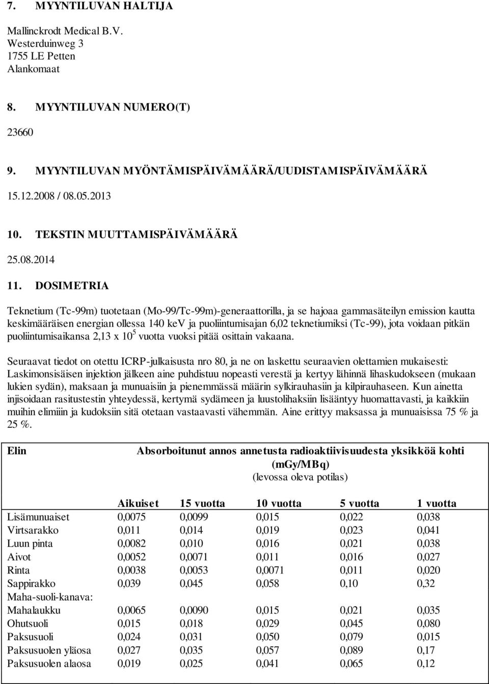 DOSIMETRIA Teknetium (Tc-99m) tuotetaan (Mo-99/Tc-99m)-generaattorilla, ja se hajoaa gammasäteilyn emission kautta keskimääräisen energian ollessa 140 kev ja puoliintumisajan 6,02 teknetiumiksi