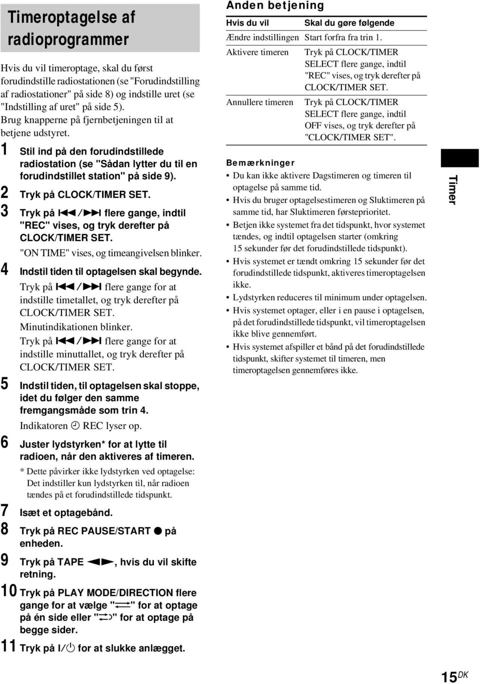 2 Tryk på CLOCK/TIMER SET. 3 Tryk på./> flere gange, indtil "REC" vises, og tryk derefter på CLOCK/TIMER SET. "ON TIME" vises, og timeangivelsen blinker. 4 Indstil tiden til optagelsen skal begynde.