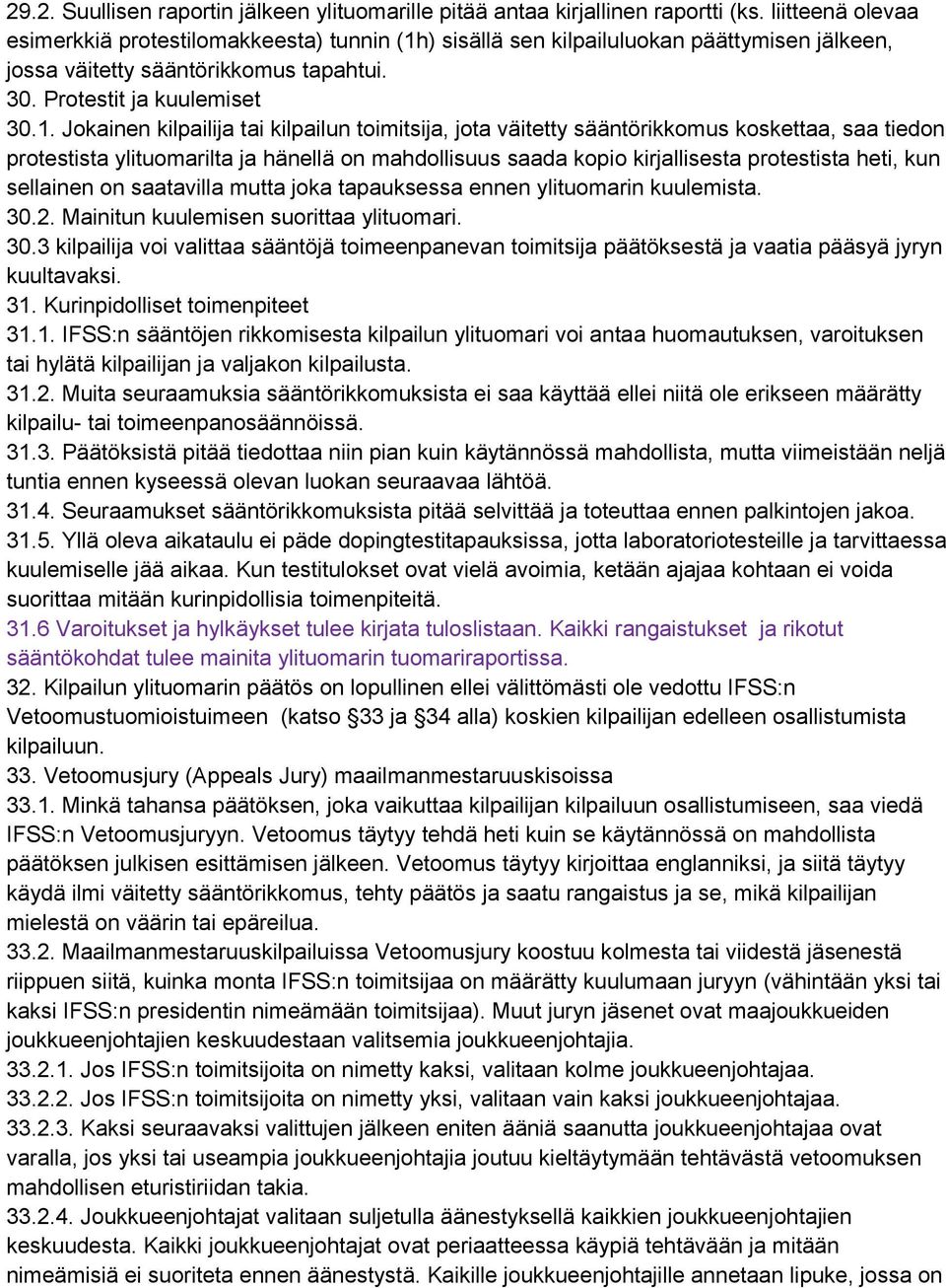 ) sisällä sen kilpailuluokan päättymisen jälkeen, jossa väitetty sääntörikkomus tapahtui. 30. Protestit ja kuulemiset 30.1.