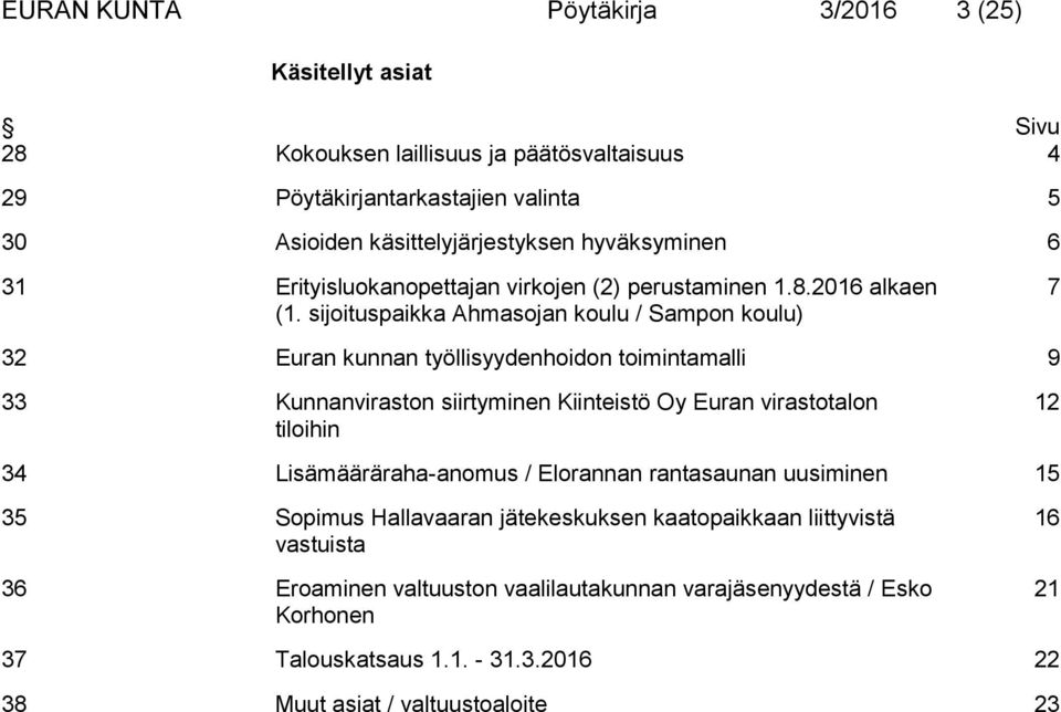 sijoituspaikka Ahmasojan koulu / Sampon koulu) 7 32 Euran kunnan työllisyydenhoidon toimintamalli 9 33 Kunnanviraston siirtyminen Kiinteistö Oy Euran virastotalon tiloihin 12 34