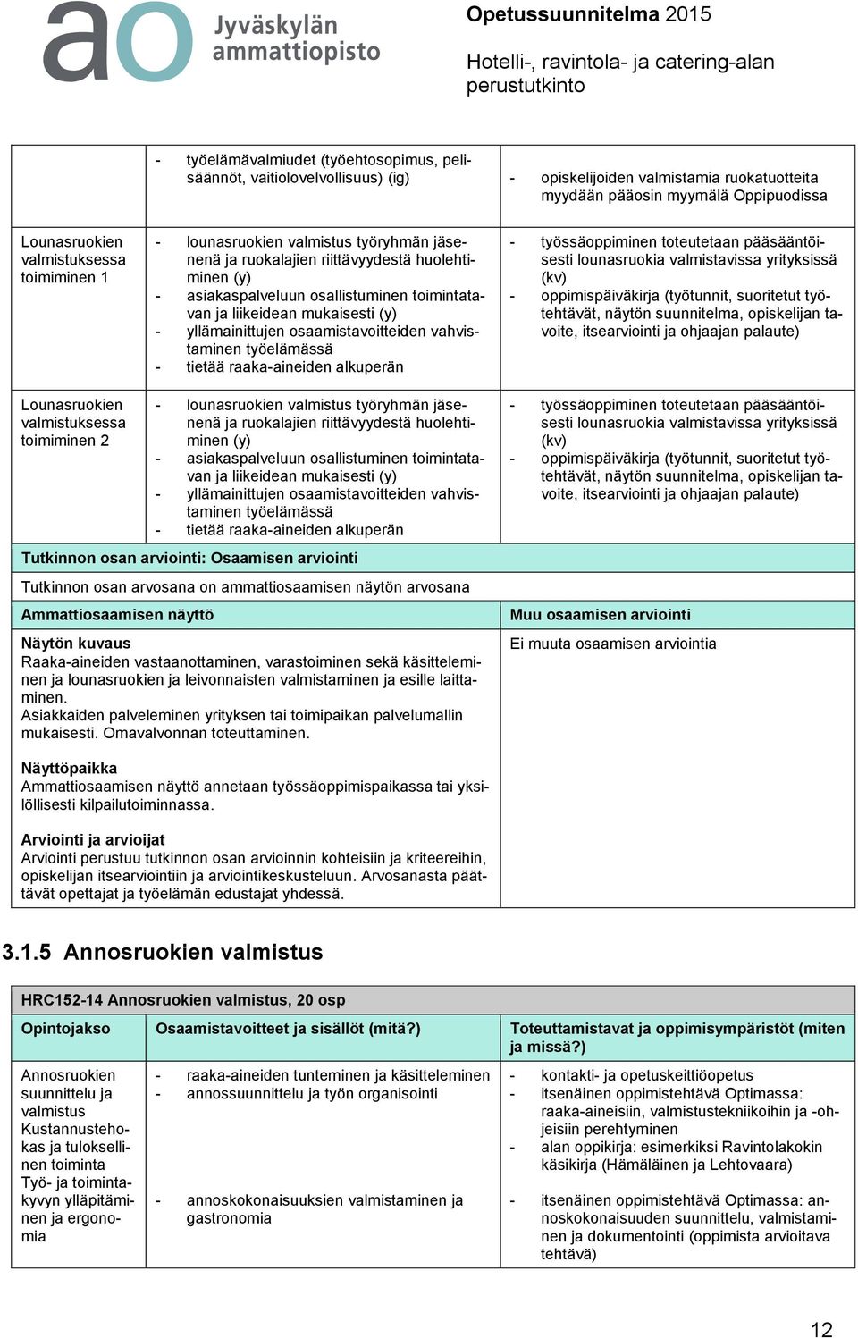 osaamistavoitteiden vahvistaminen työelämässä - tietää raaka-aineiden alkuperän - työssäoppiminen toteutetaan pääsääntöisesti lounasruokia valmistavissa yrityksissä (kv) itsearviointi ja ohjaajan
