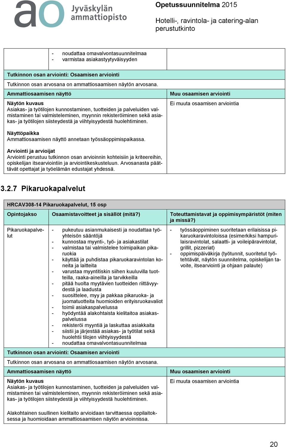 siisteydestä ja viihtyisyydestä huolehtiminen. Muu osaamisen arviointi Ei muuta osaamisen arviointia Näyttöpaikka Ammattiosaamisen näyttö annetaan työssäoppimispaikassa.