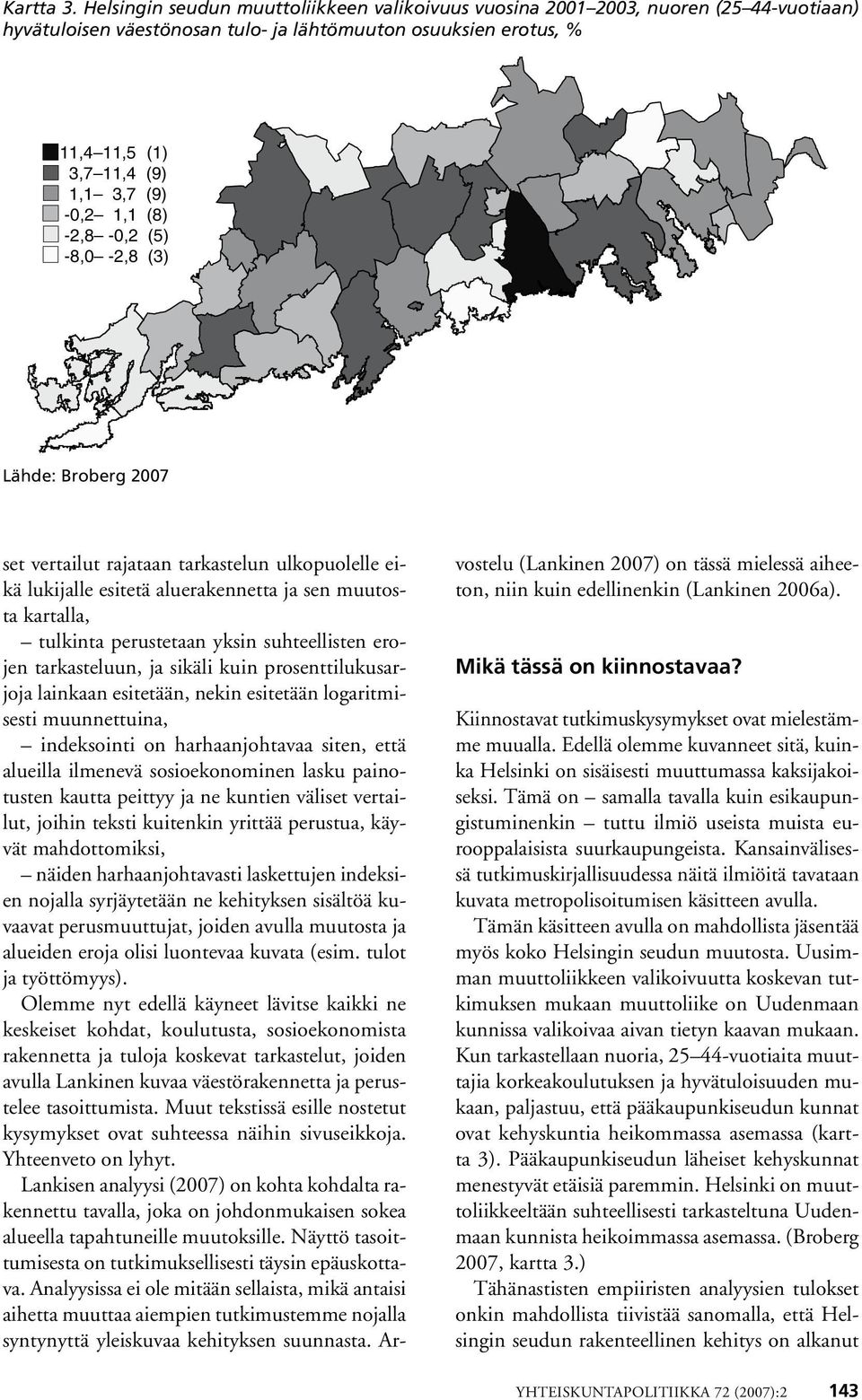 1,1 (8) -2,8-0,2 (5) -8,0-2,8 (3) Lähde: Broberg 2007 set vertailut rajataan tarkastelun ulkopuolelle eikä lukijalle esitetä aluerakennetta ja sen muutosta kartalla, tulkinta perustetaan yksin