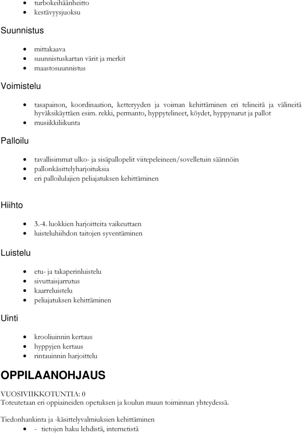 rekki, permanto, hyppytelineet, köydet, hyppynarut ja pallot musiikkiliikunta tavallisimmat ulko- ja sisäpallopelit viitepeleineen/sovelletuin säännöin pallonkäsittelyharjoituksia eri palloilulajien