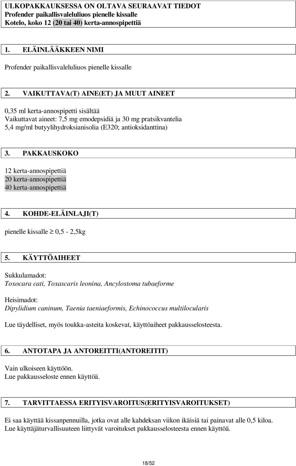 VAIKUTTAVA(T) AINE(ET) JA MUUT AINEET 0,35 ml kerta-annospipetti sisältää Vaikuttavat aineet: 7,5 mg emodepsidiä ja 30 mg pratsikvantelia 5,4 mg/ml butyylihydroksianisolia (E320; antioksidanttina) 3.