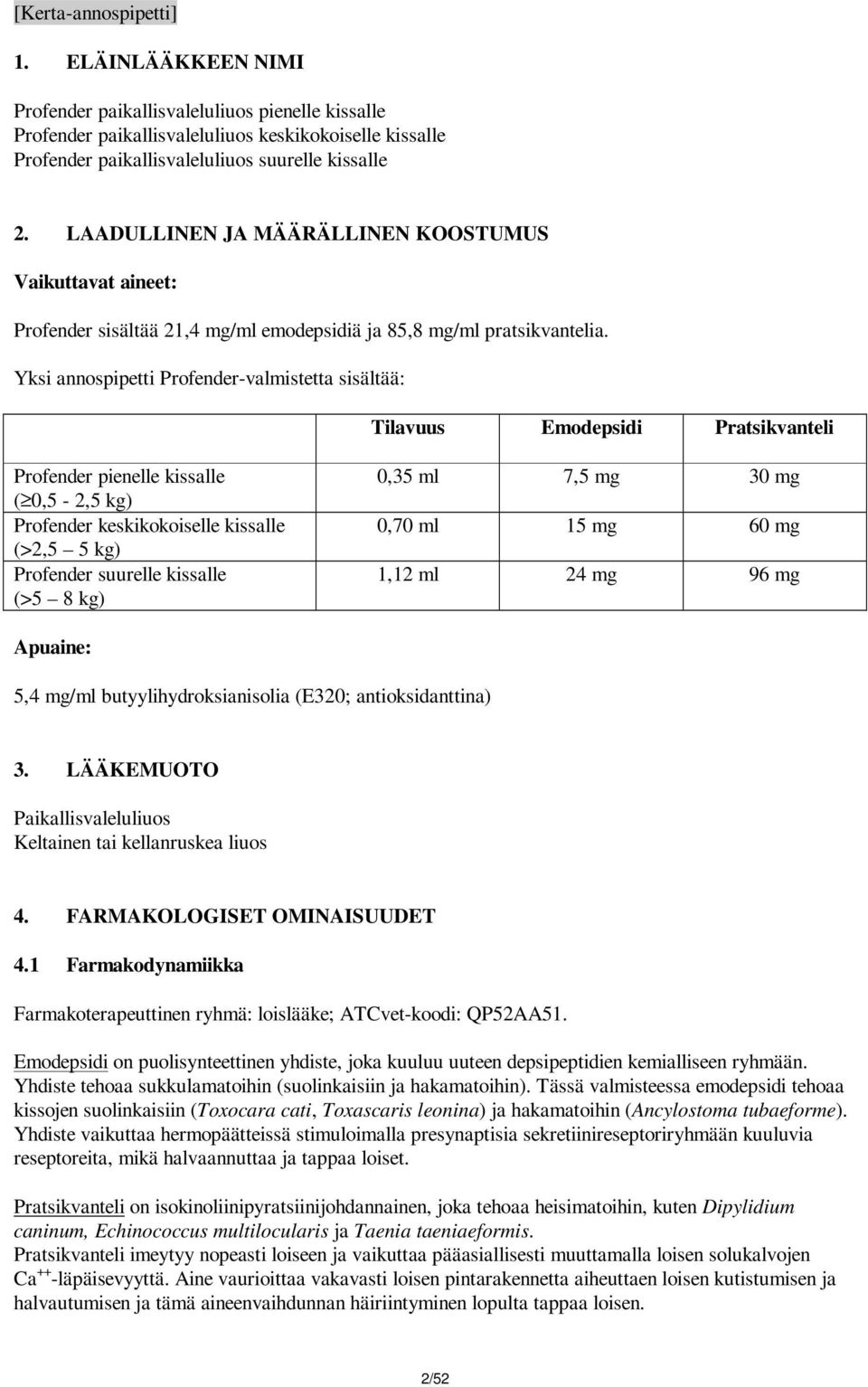 Yksi annospipetti Profender-valmistetta sisältää: Tilavuus Emodepsidi Pratsikvanteli Profender pienelle kissalle ( 0,5-2,5 kg) Profender keskikokoiselle kissalle (>2,5 5 kg) Profender suurelle