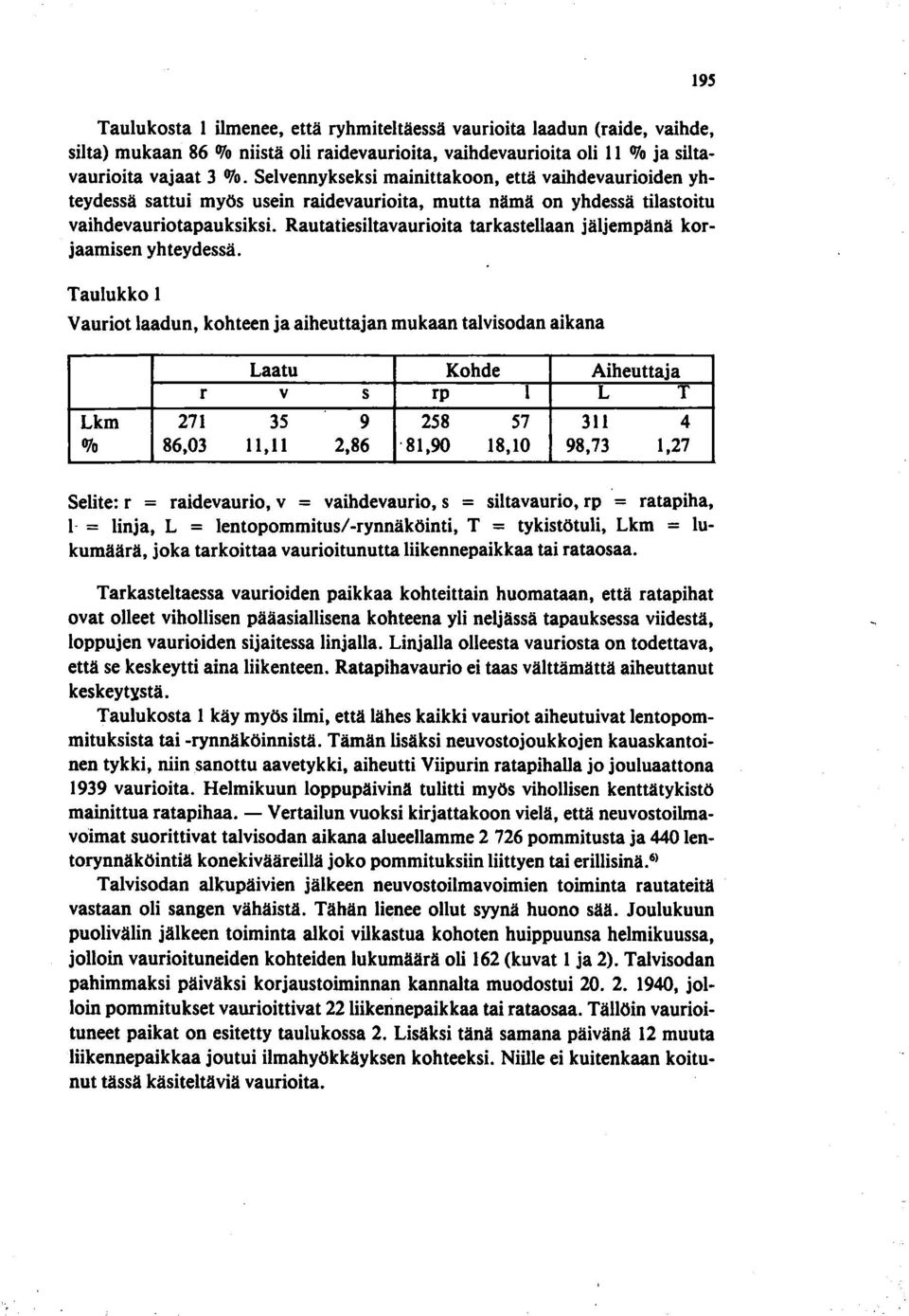 Rautatiesiltavaurioita tarkastellaan jäljempänä korjaamisen yhteydessä.