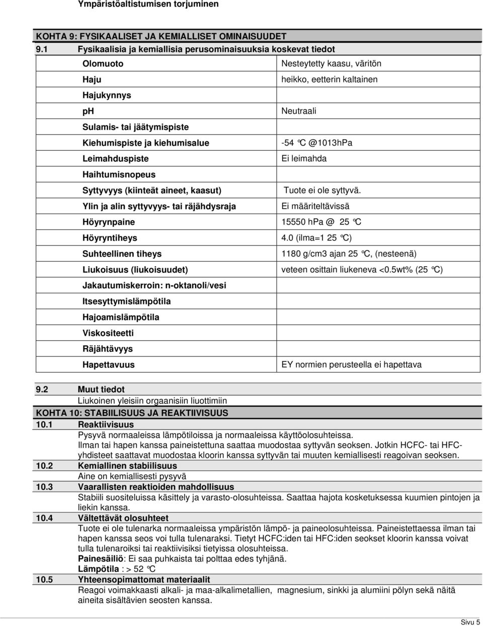 Haihtumisnopeus Syttyvyys (kiinteät aineet, kaasut) Ylin ja alin syttyvyys- tai räjähdysraja heikko, eetterin kaltainen Neutraali -54 C @1013hPa Ei leimahda Tuote ei ole syttyvä.