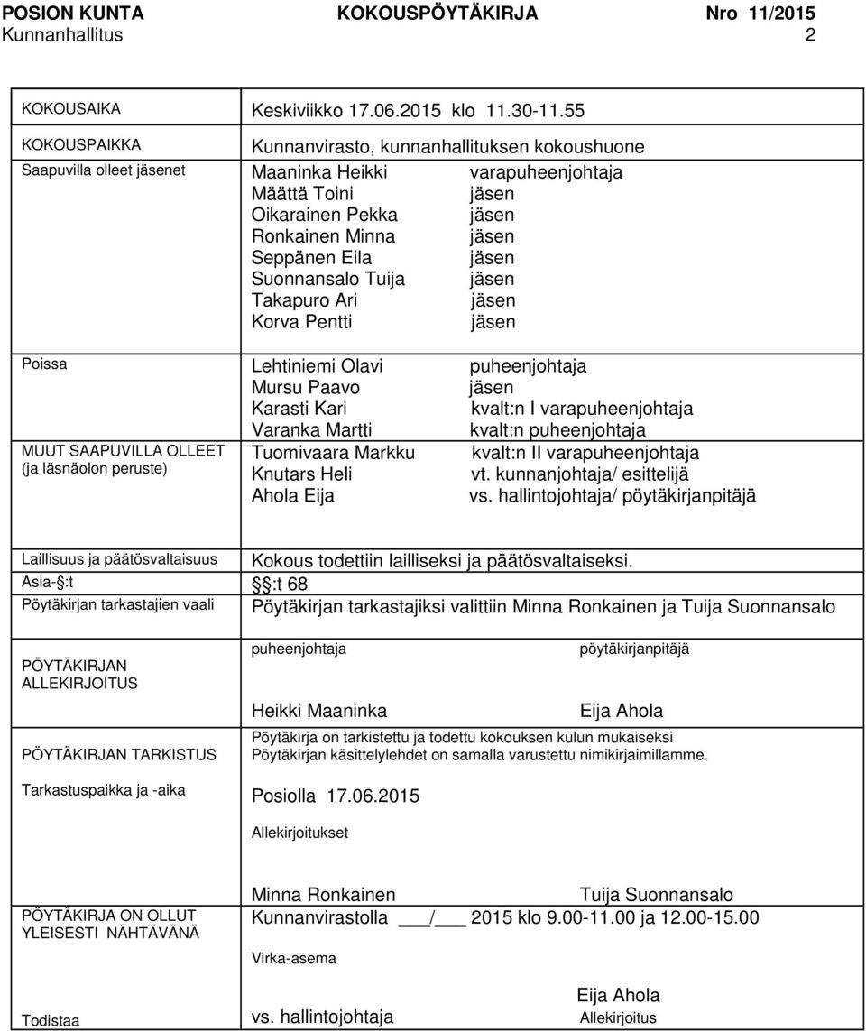 Takapuro Ari Korva Pentti Poissa Lehtiniemi Olavi puheenjohtaja Mursu Paavo Karasti Kari kvalt:n I varapuheenjohtaja Varanka Martti kvalt:n puheenjohtaja MUUT SAAPUVILLA OLLEET Tuomivaara Markku