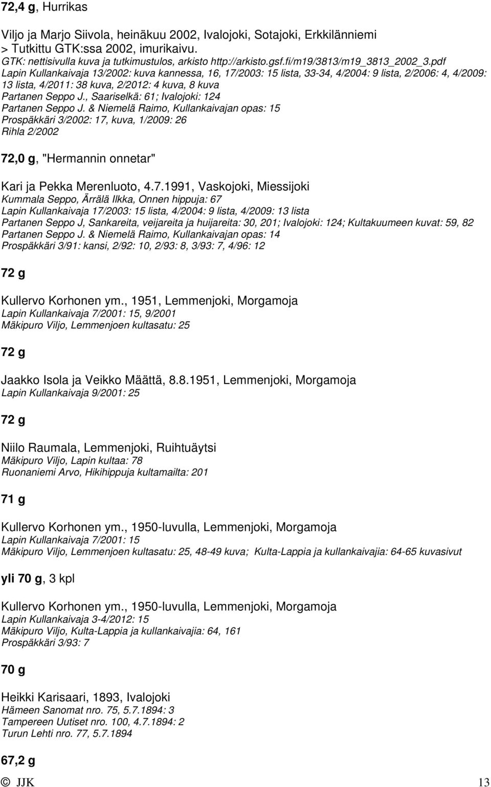 pdf Lapin Kullankaivaja 13/2002: kuva kannessa, 16, 17/2003: 15 lista, 33-34, 4/2004: 9 lista, 2/2006: 4, 4/2009: 13 lista, 4/2011: 38 kuva, 2/2012: 4 kuva, 8 kuva Partanen Seppo J.