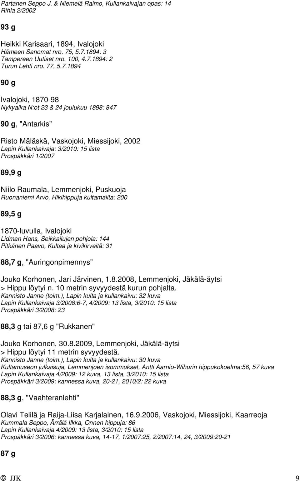 g Niilo Raumala, Lemmenjoki, Puskuoja Ruonaniemi Arvo, Hikihippuja kultamailta: 200 89,5 g 1870-luvulla, Ivalojoki Lidman Hans, Seikkailujen pohjola: 144 Pitkänen Paavo, Kultaa ja kivikirveitä: 31