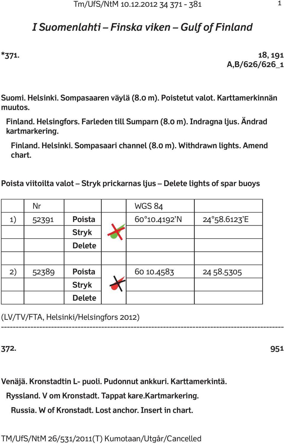 Poista viitoilta valot Stryk prickarnas ljus Delete lights of spar buoys Nr WGS 84 1) 52391 Poista 60 10.4192 N 24 58.6123 E Stryk Delete 2) 52389 Poista 60 10.4583 24 58.