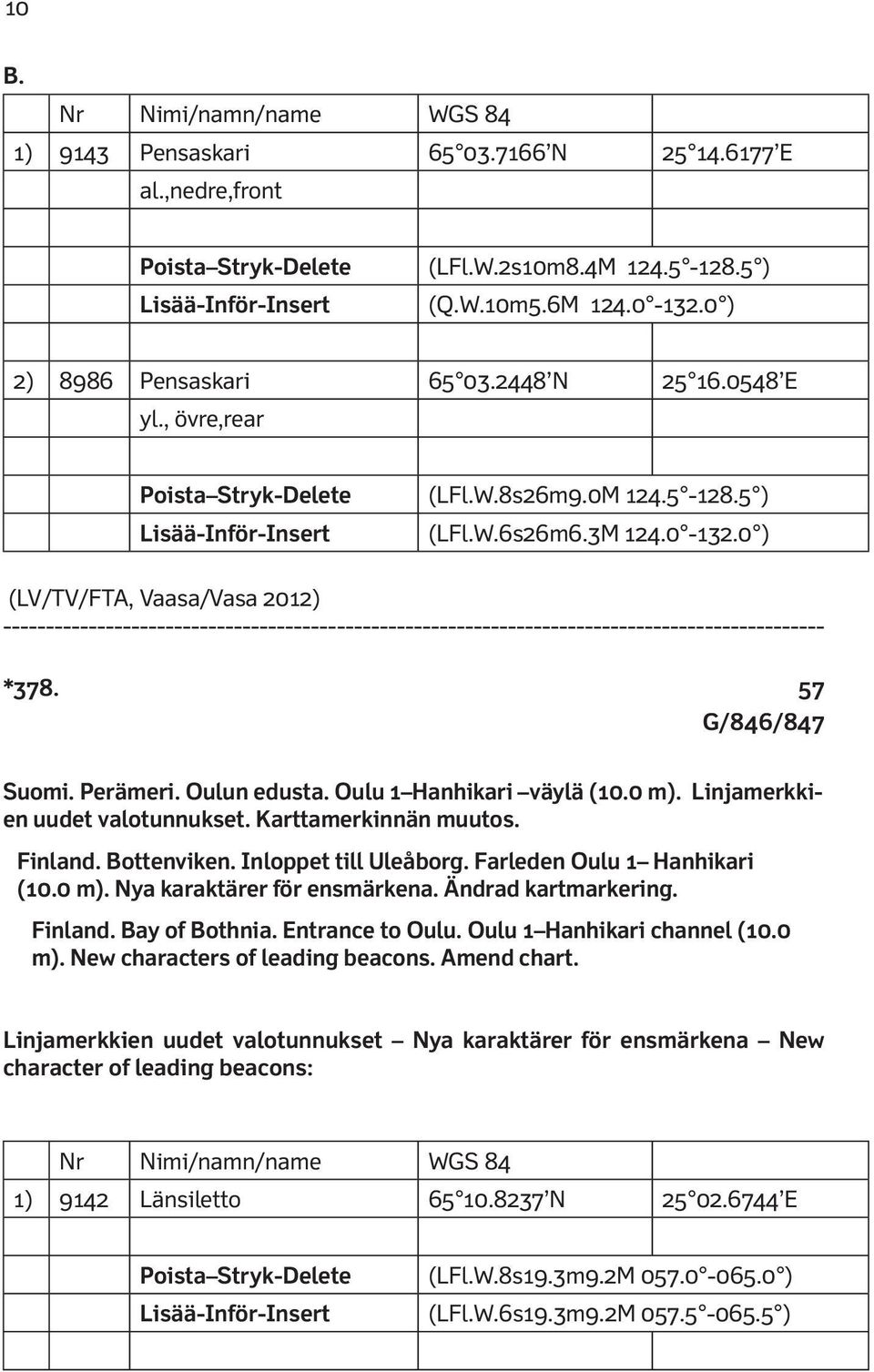 0 ) (LV/TV/FTA, Vaasa/Vasa 2012) ------------------------------------------------------------------------------------------------ *378. 57 G/846/847 Suomi. Perämeri. Oulun edusta.