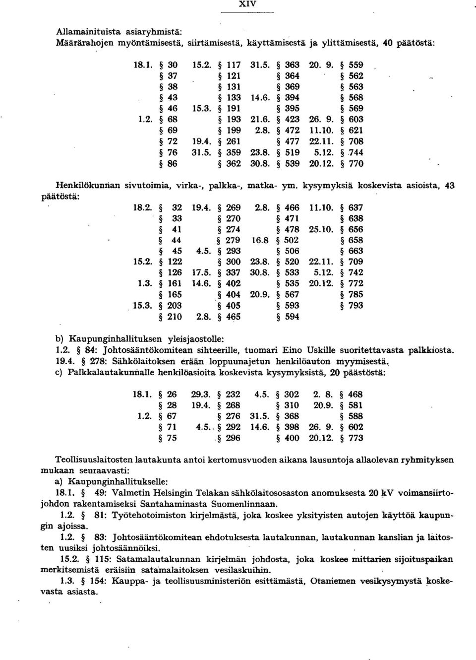 kysymyksiä koskevista asioista, 43 päätöstä: 8.2. 32 9.4. 269 2.8. 466.0. 637 33 270 47 638 4 274 478 25.0. 656 44 279 6.8 502 658 45 4.5. 293 506 663 5.2. 22 300 23.8. 520 22.. 709 26 7.5. 337 30.8. 533 5.