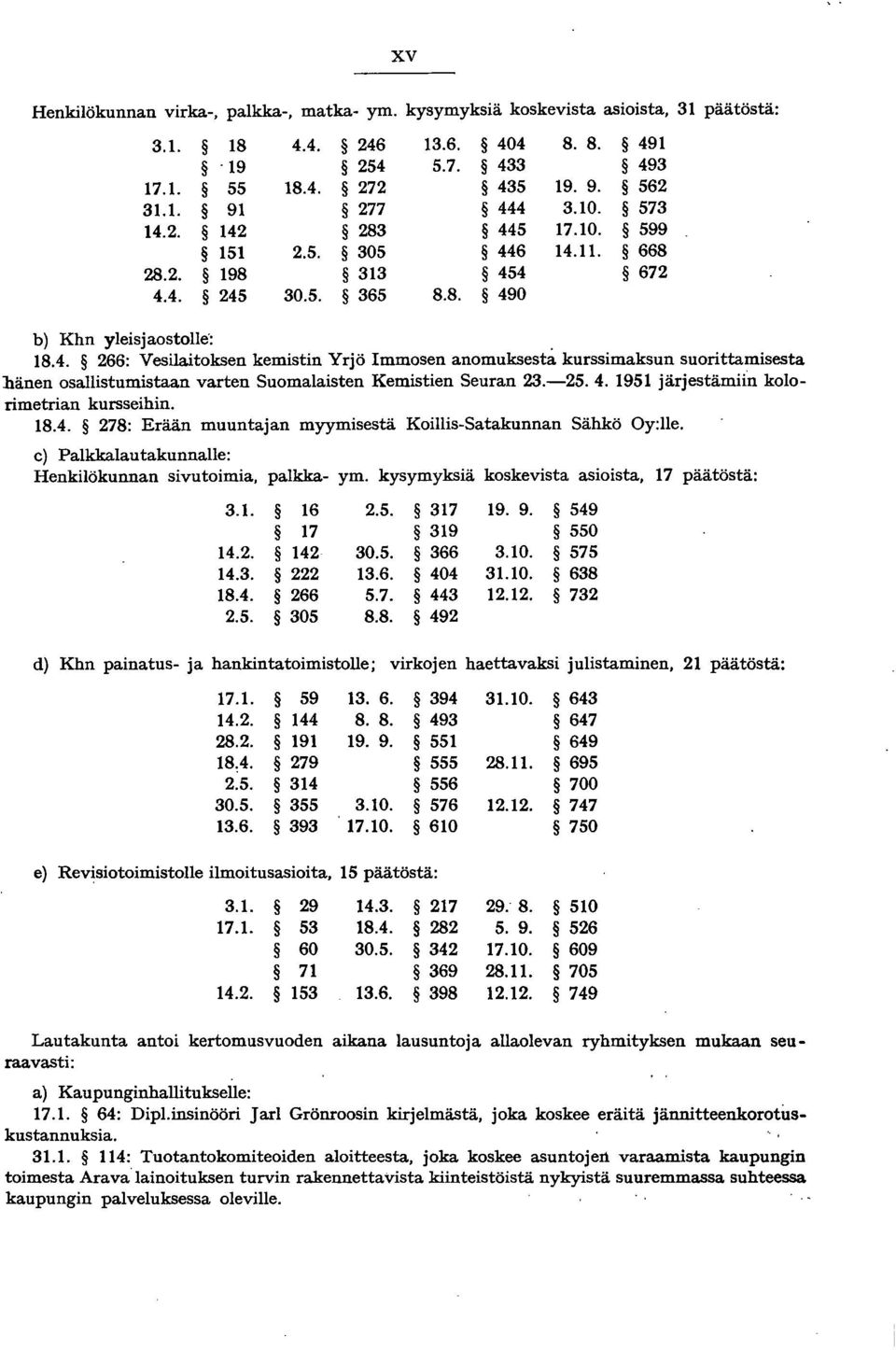 -25.4. 1951 järjestämiin kolorimetrian kursseihin. 18.4. 278: Erään muuntajan myymisestä Koillis-Satakunnan Sähkö Oy:lle. c) Palkkalautakunnalle: Henkilökunnan sivutoimia, palkka- ym.
