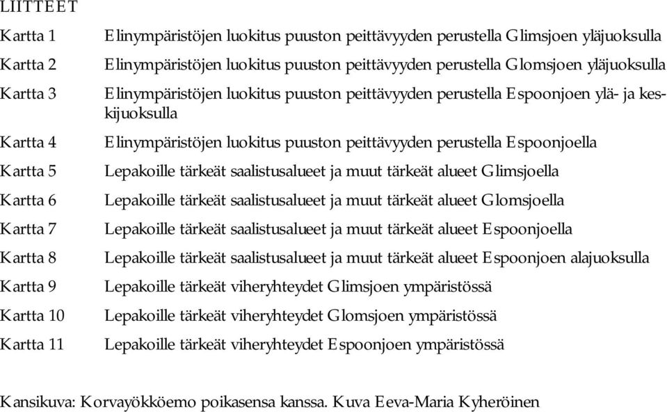 puuston peittävyyden perustella Espoonjoella Lepakoille tärkeät saalistusalueet ja muut tärkeät alueet Glimsjoella Lepakoille tärkeät saalistusalueet ja muut tärkeät alueet Glomsjoella Lepakoille