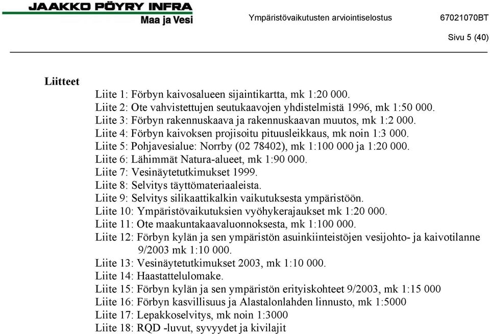 Liite 5: Pohjavesialue: Norrby (02 78402), mk 1:100 000 ja 1:20 000. Liite 6: Lähimmät Natura-alueet, mk 1:90 000. Liite 7: Vesinäytetutkimukset 1999. Liite 8: Selvitys täyttömateriaaleista.