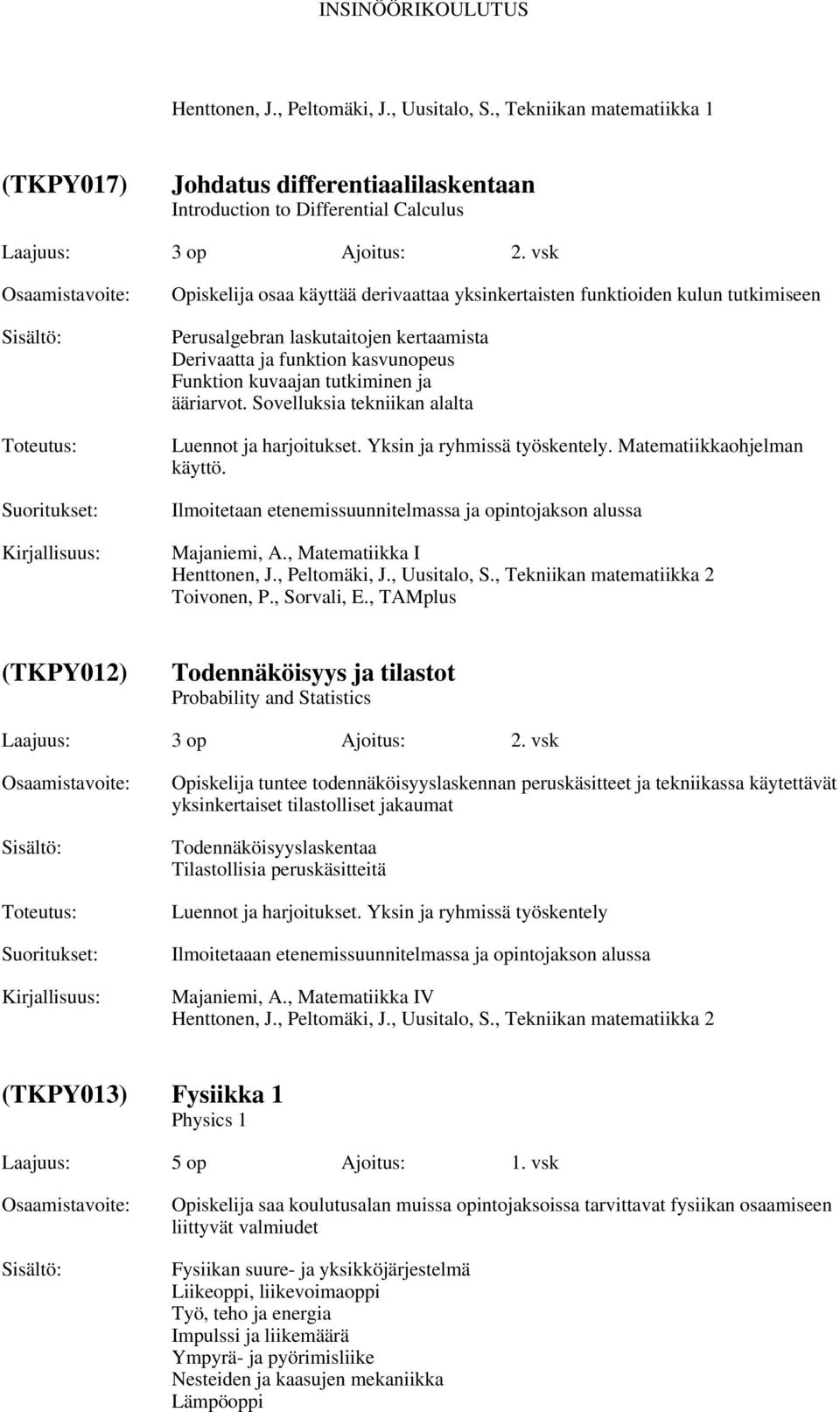 ääriarvot. Sovelluksia tekniikan alalta. Yksin ja ryhmissä työskentely. Matematiikkaohjelman käyttö. Ilmoitetaan etenemissuunnitelmassa ja opintojakson alussa Majaniemi, A.