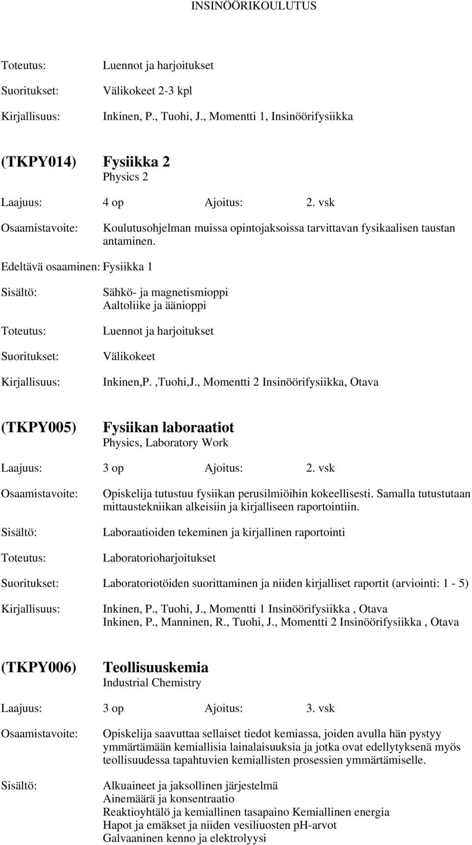 , Momentti 2 Insinöörifysiikka, Otava (TKPY005) Fysiikan laboraatiot Physics, Laboratory Work Laajuus: Ajoitus: 2. vsk Opiskelija tutustuu fysiikan perusilmiöihin kokeellisesti.