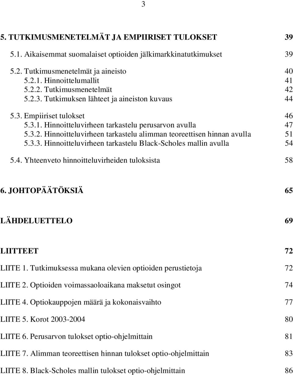 3.3. Hinnoitteluvirheen tarkastelu Black-Scholes mallin avulla 54 5.4. Yhteenveto hinnoitteluvirheiden tuloksista 58 6. JOHTOPÄÄTÖKSIÄ 65 LÄHDELUETTELO 69 LIITTEET 72 LIITE 1.