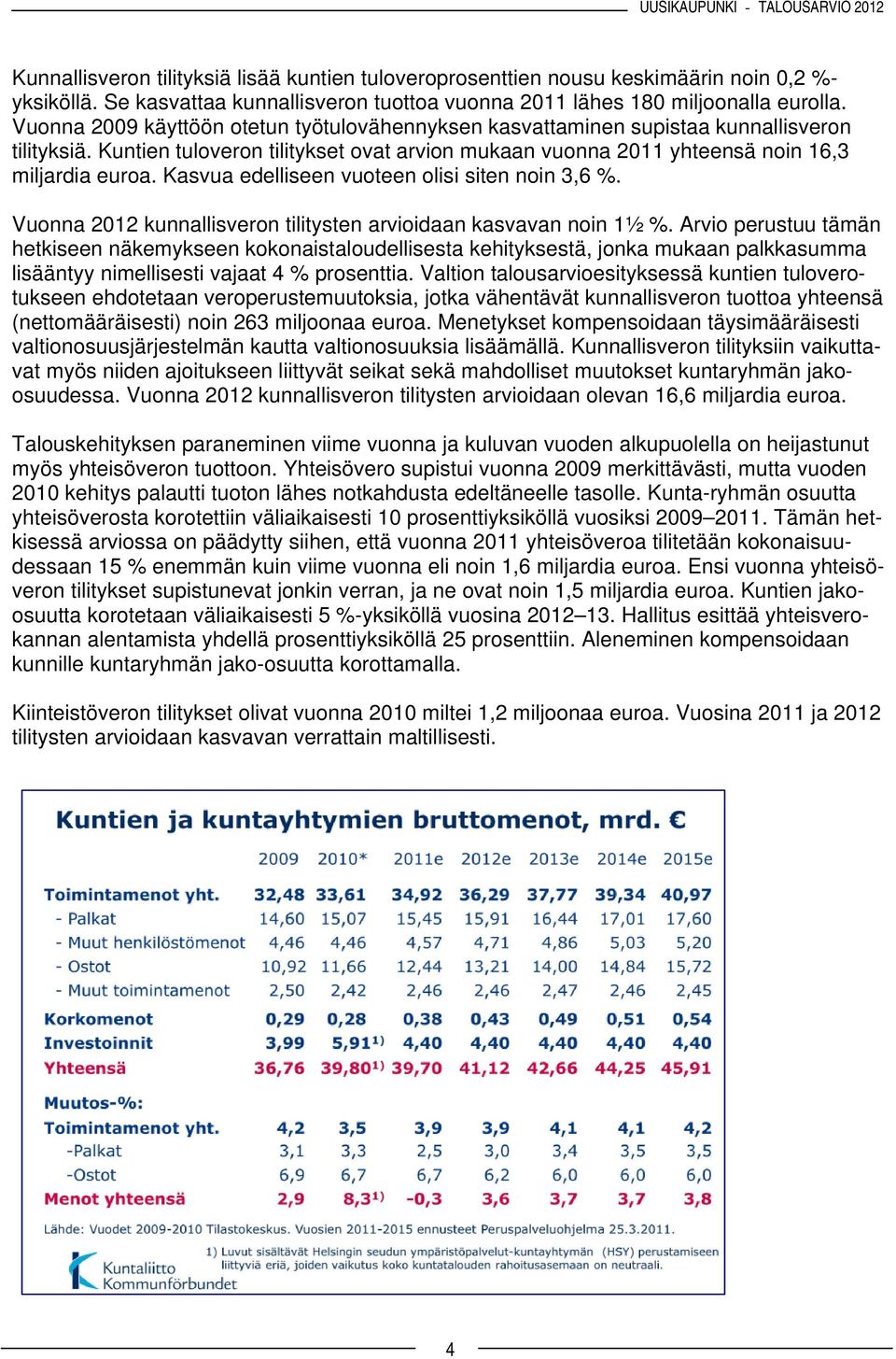 Kasvua edelliseen vuoteen olisi siten noin 3,6 %. Vuonna 2012 kunnallisveron tilitysten arvioidaan kasvavan noin 1½ %.