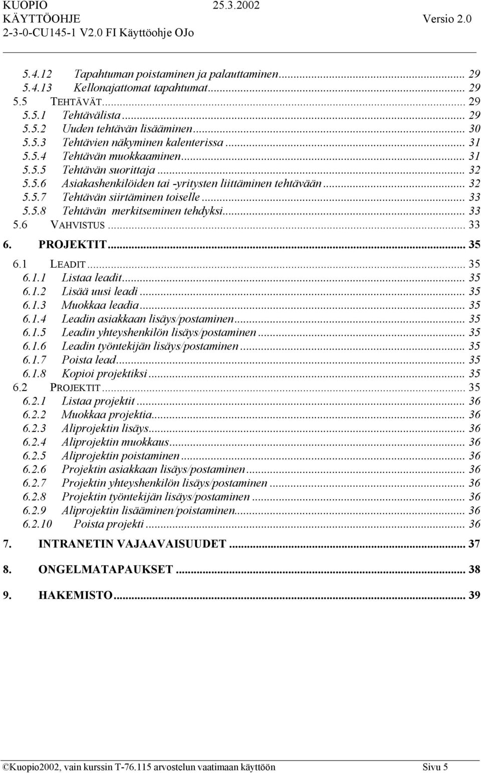 .. 33 5.6 VAHVISTUS... 33 6. PROJEKTIT... 35 6.1 LEADIT... 35 6.1.1 Listaa leadit... 35 6.1.2 Lisää uusi leadi... 35 6.1.3 Muokkaa leadia... 35 6.1.4 Leadin asiakkaan lisäys/postaminen... 35 6.1.5 Leadin yhteyshenkilön lisäys/postaminen.