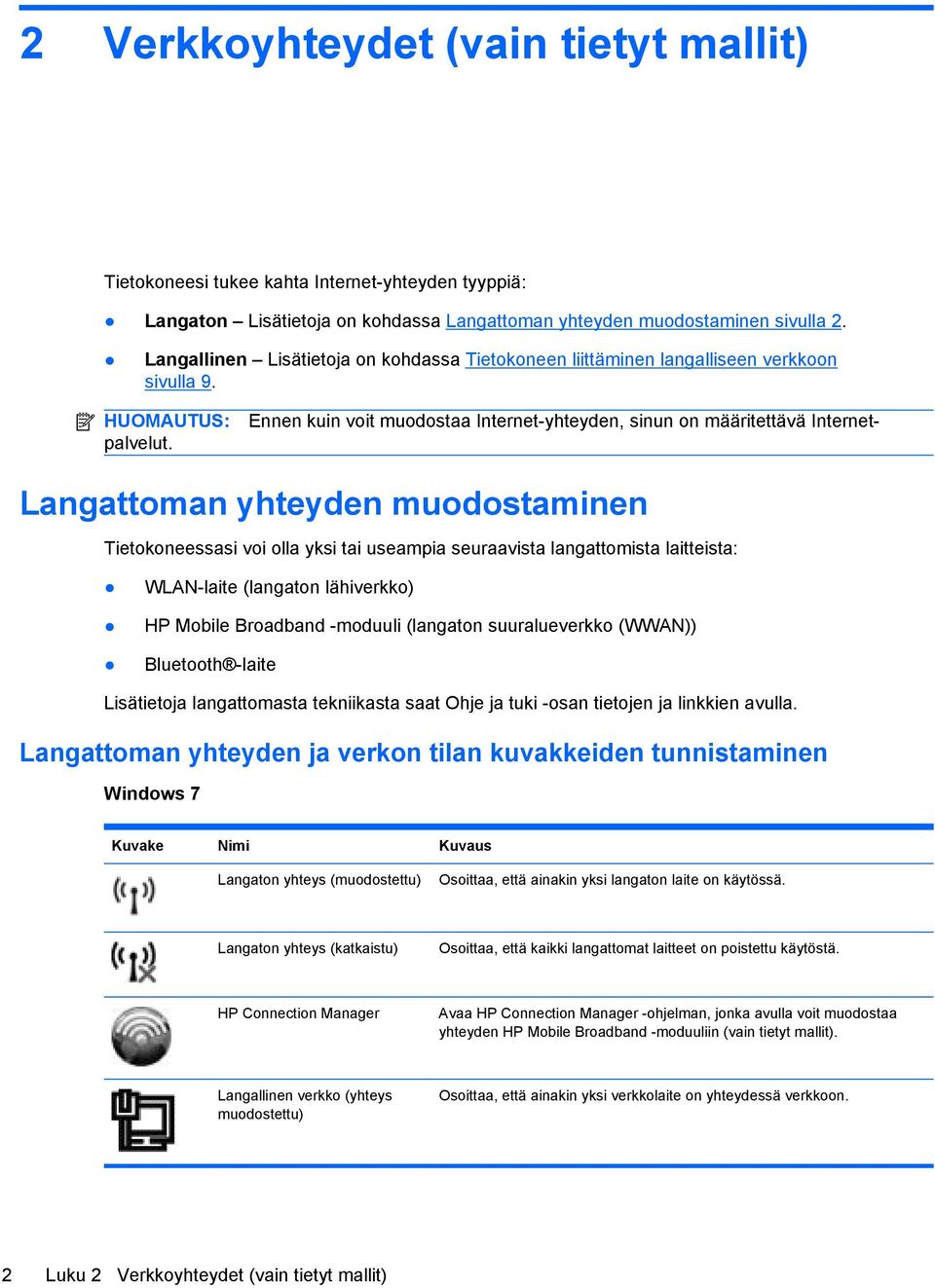 Langattoman yhteyden muodostaminen Tietokoneessasi voi olla yksi tai useampia seuraavista langattomista laitteista: WLAN-laite (langaton lähiverkko) HP Mobile Broadband -moduuli (langaton