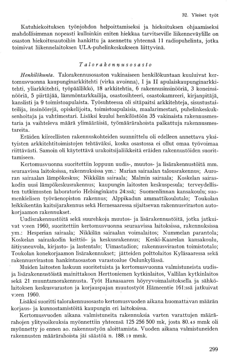 Talorakennusosaston vakinaiseen henkilökuntaan kuuluivat kertomusvuonna kaupunginarkkitehti (virka avoinna), I ja II apulaiskaupunginarkkitehti, yliarkkitehti, työpäällikkö, 18 arkkitehtia, 6