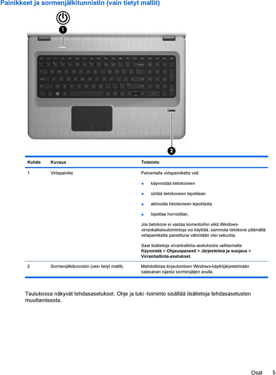 Jos tietokone ei vastaa komentoihin eikä Windowsvirrankatkaisutoimintoja voi käyttää, sammuta tietokone pitämällä virtapainiketta painettuna vähintään viisi sekuntia.