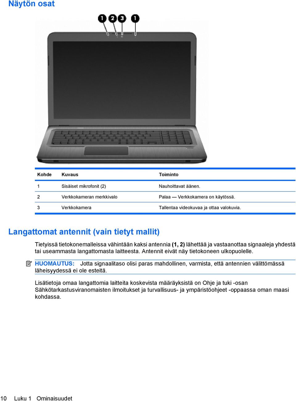 Langattomat antennit (vain tietyt mallit) Tietyissä tietokonemalleissa vähintään kaksi antennia (1, 2) lähettää ja vastaanottaa signaaleja yhdestä tai useammasta langattomasta laitteesta.