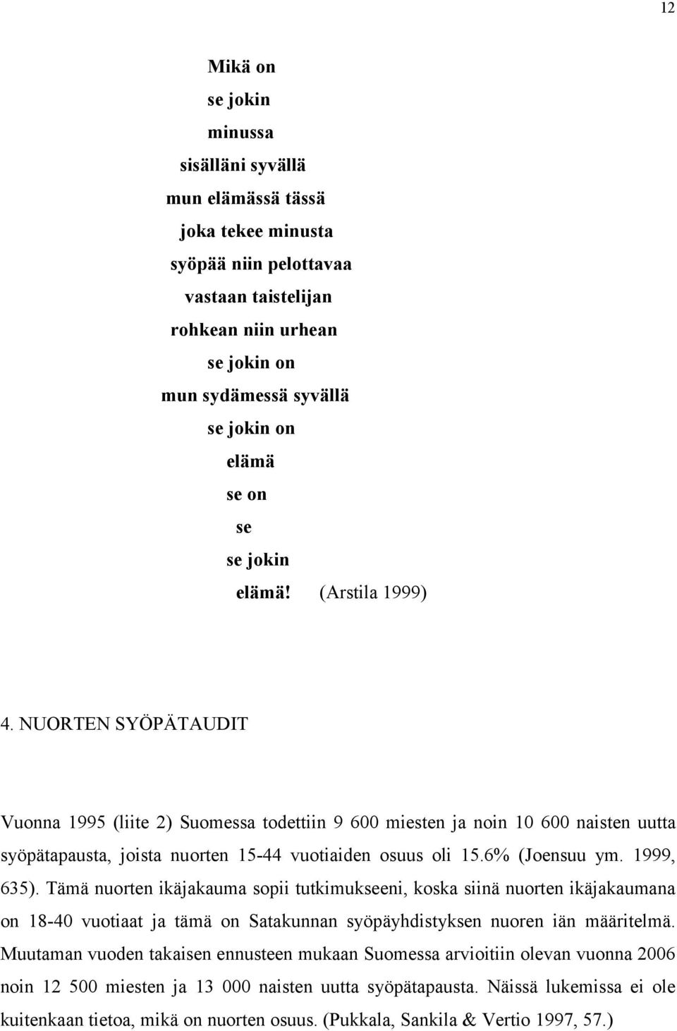 NUORTEN SYÖPÄTAUDIT Vuonna 1995 (liite 2) Suomessa todettiin 9 600 miesten ja noin 10 600 naisten uutta syöpätapausta, joista nuorten 15-44 vuotiaiden osuus oli 15.6% (Joensuu ym. 1999, 635).