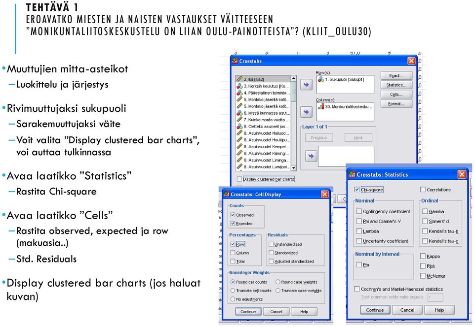 Voit valita Display clustered bar charts, voi auttaa tulkinnassa Avaa laatikko Statistics Rastita Chi-square Avaa