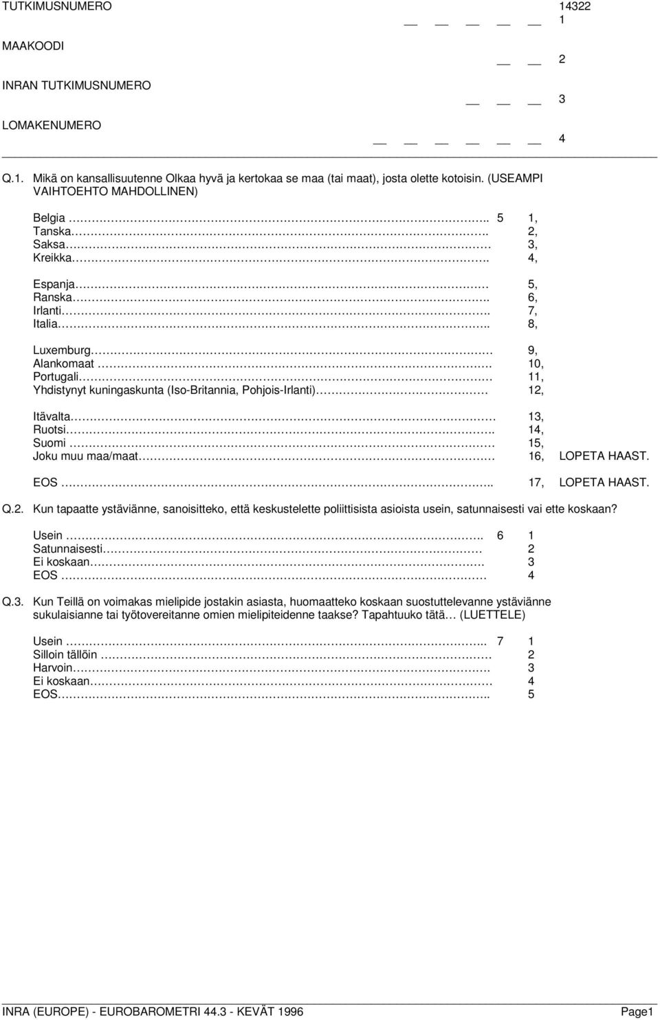 10, Portugali 11, Yhdistynyt kuningaskunta (Iso-Britannia, Pohjois-Irlanti) 12, Itävalta 13, Ruotsi. 14, Suomi 15, Joku muu maa/maat 16, LOPETA HAAST. EOS.. 17, LOPETA HAAST. Q.2. Kun tapaatte ystäviänne, sanoisitteko, että keskustelette poliittisista asioista usein, satunnaisesti vai ette koskaan?