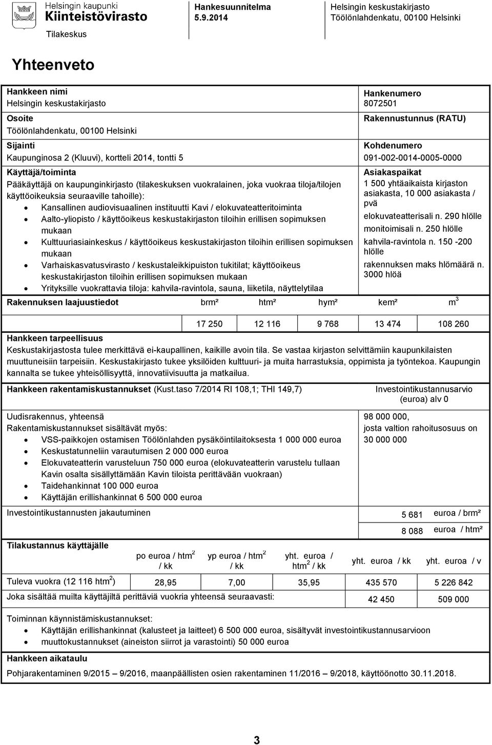 Sijainti Kohdenumero Kaupunginosa 2 (Kluuvi), kortteli 2014, tontti 5 091-002-0014-0005-0000 Käyttäjä/toiminta Pääkäyttäjä on kaupunginkirjasto (tilakeskuksen vuokralainen, joka vuokraa