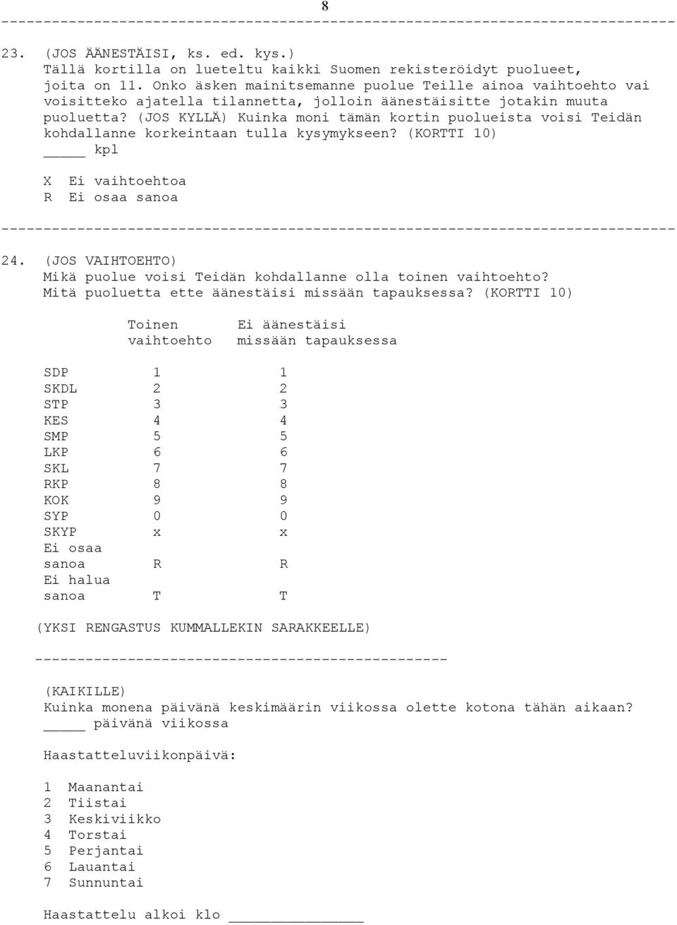 (JOS KYLLÄ) Kuinka moni tämän kortin puolueista voisi Teidän kohdallanne korkeintaan tulla kysymykseen? (KORTTI 10) kpl X Ei vaihtoehtoa R Ei osaa sanoa 24.