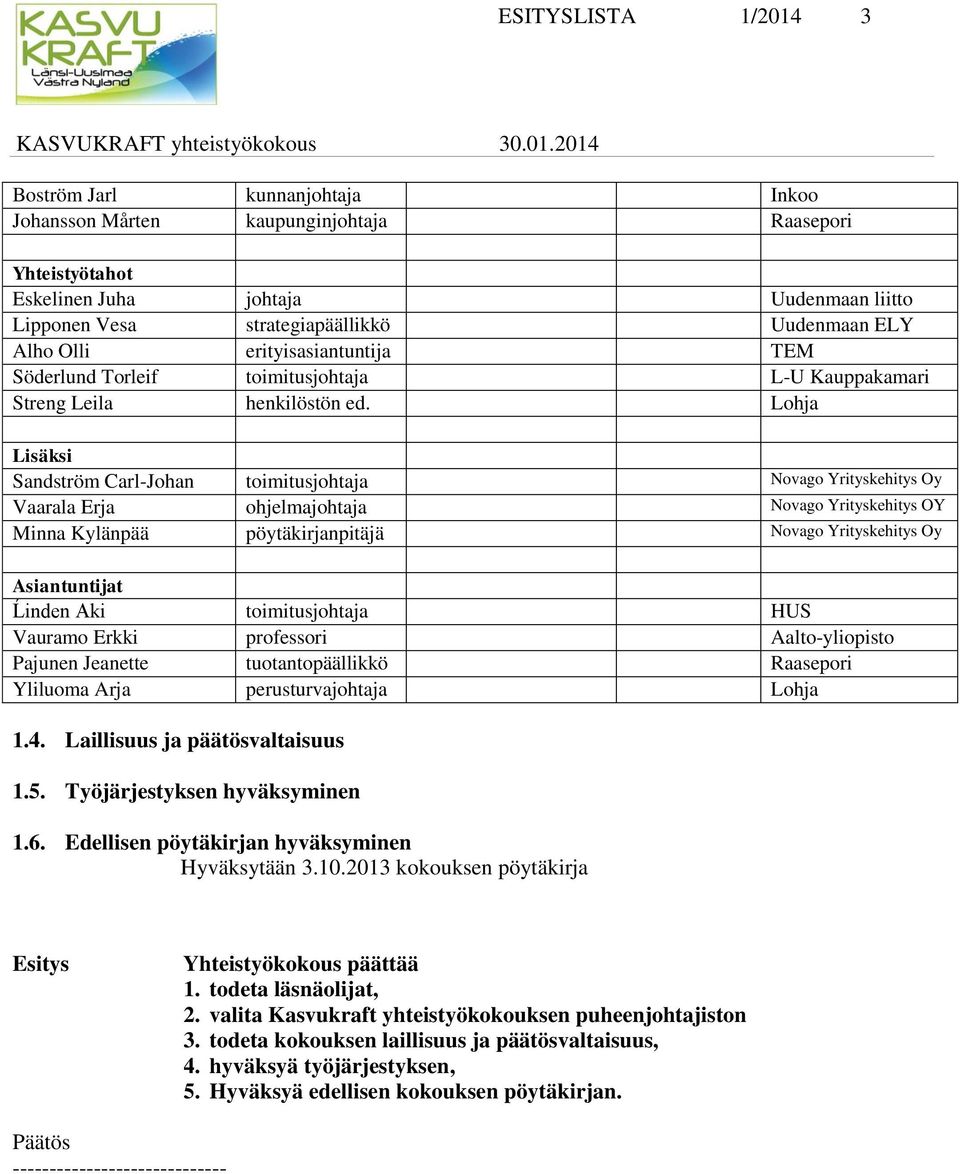 Lohja Lisäksi Sandström Carl-Johan toimitusjohtaja Novago Yrityskehitys Oy Vaarala Erja ohjelmajohtaja Novago Yrityskehitys OY Minna Kylänpää pöytäkirjanpitäjä Novago Yrityskehitys Oy Asiantuntijat