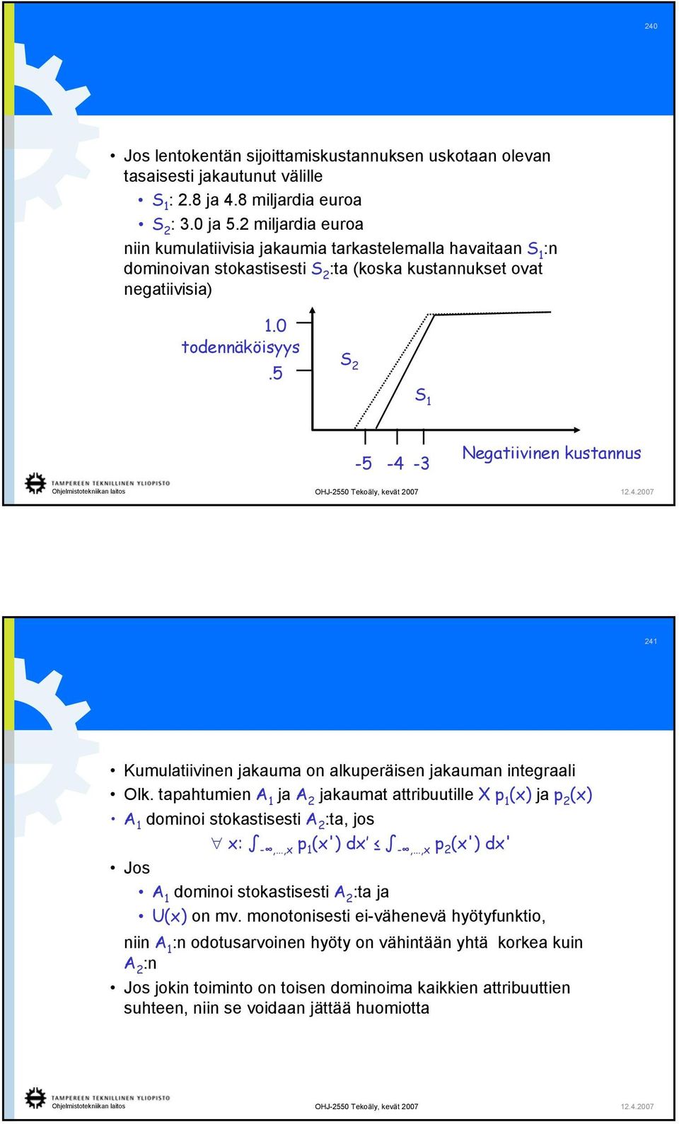 5 S 2 S 1-5 -4-3 Negatiivinen kustannus 241 Kumulatiivinen jakauma on alkuperäisen jakauman integraali Olk.