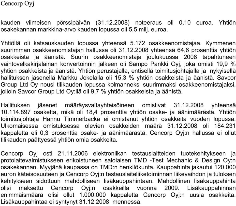 Suurin osakkeenomistaja joulukuussa 2008 tapahtuneen vaihtovelkakirjalainan konvertoinnin jälkeen oli Sampo Pankki Oyj, joka omisti 19,9 % yhtiön osakkeista ja äänistä.