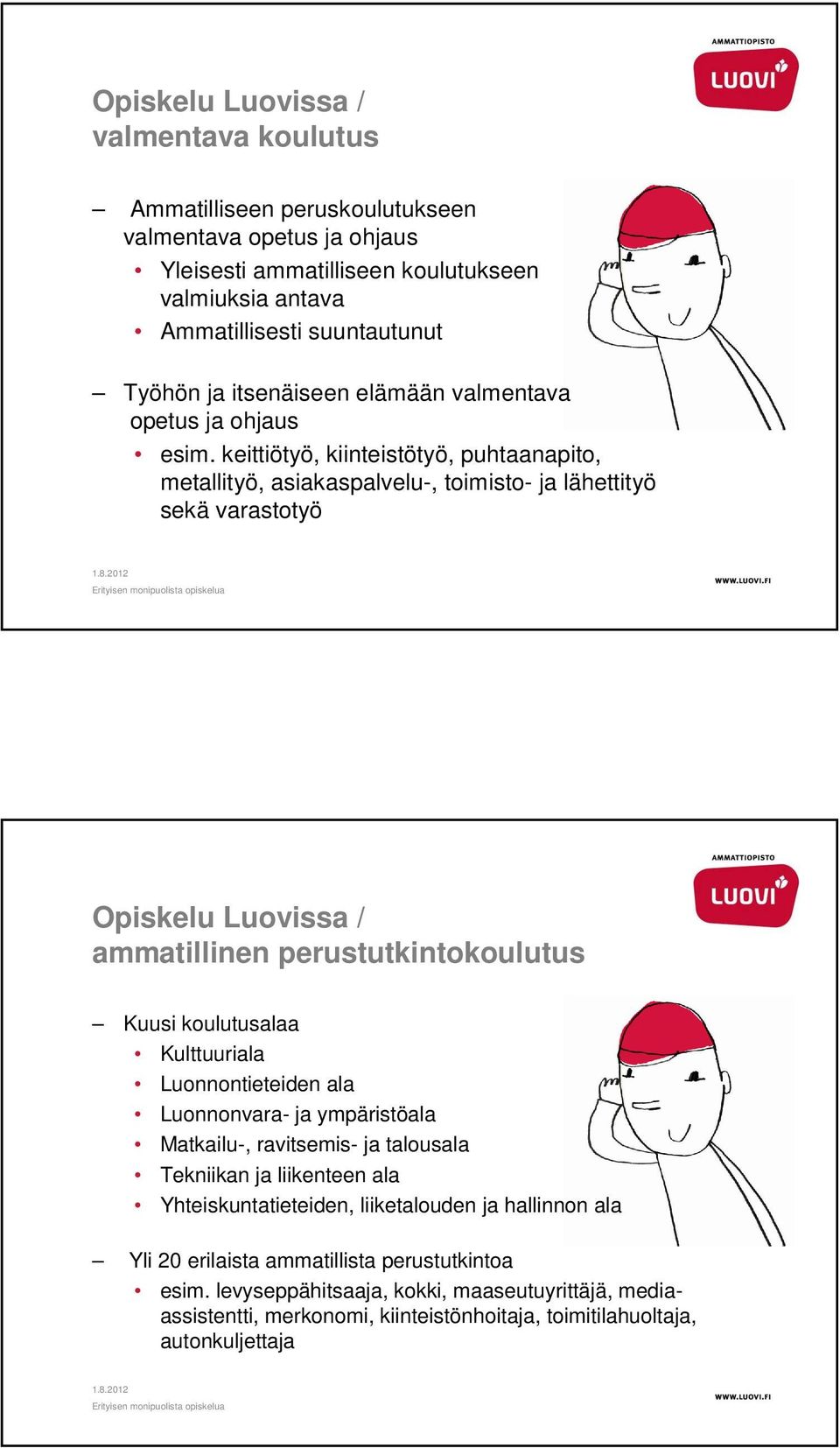keittiötyö, kiinteistötyö, puhtaanapito, metallityö, asiakaspalvelu-, toimisto- ja lähettityö sekä varastotyö Opiskelu Luovissa / ammatillinen perustutkintokoulutus Kuusi koulutusalaa Kulttuuriala