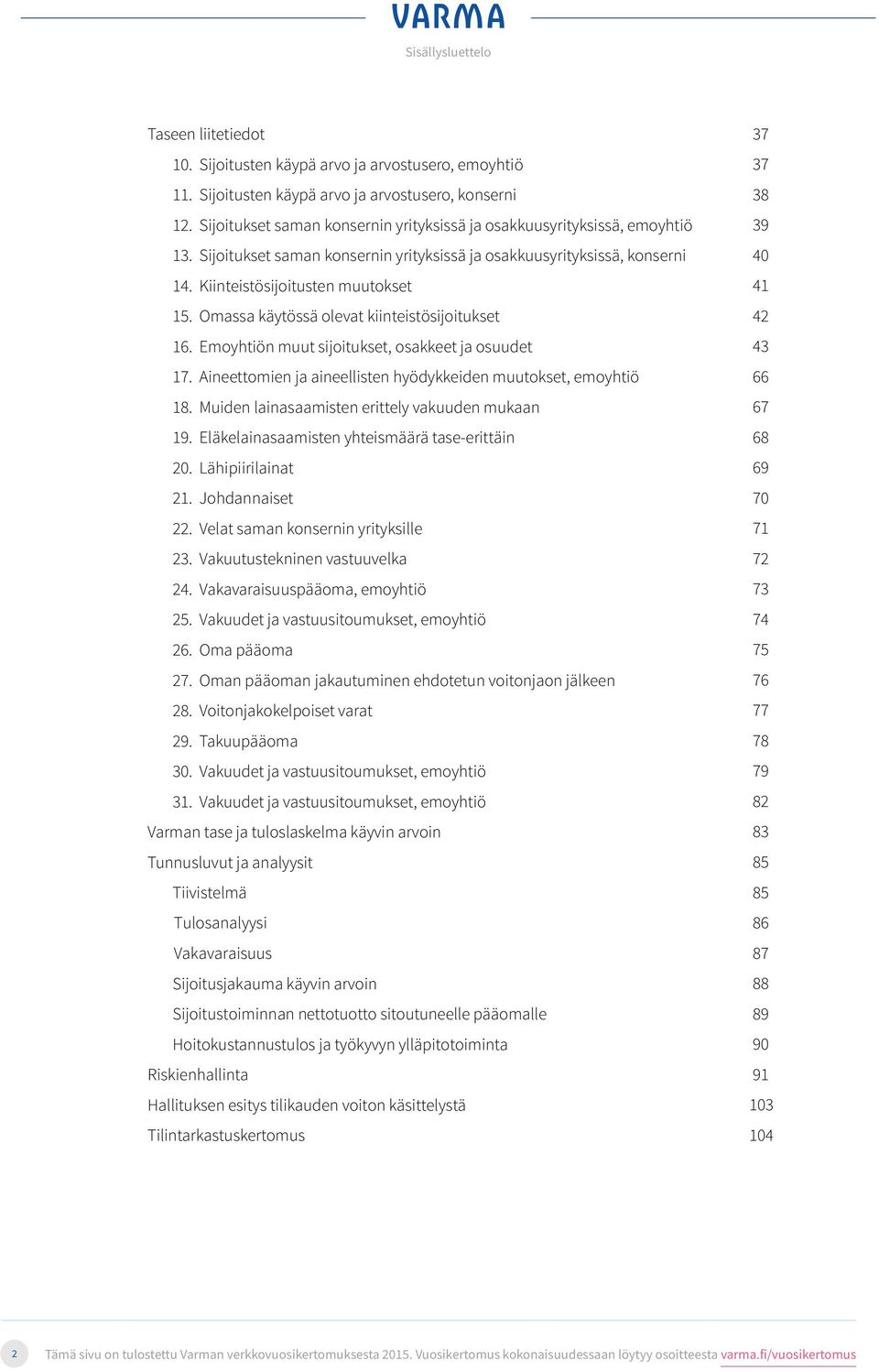Varma Kiinteistösijoitusten muutokset Eläketurva. Omassa käytössä olevat kiinteistösijoitukset Työkyky. ja Emoyhtiön hyvä työelämä muut sijoitukset, osakkeet ja osuudet 17.