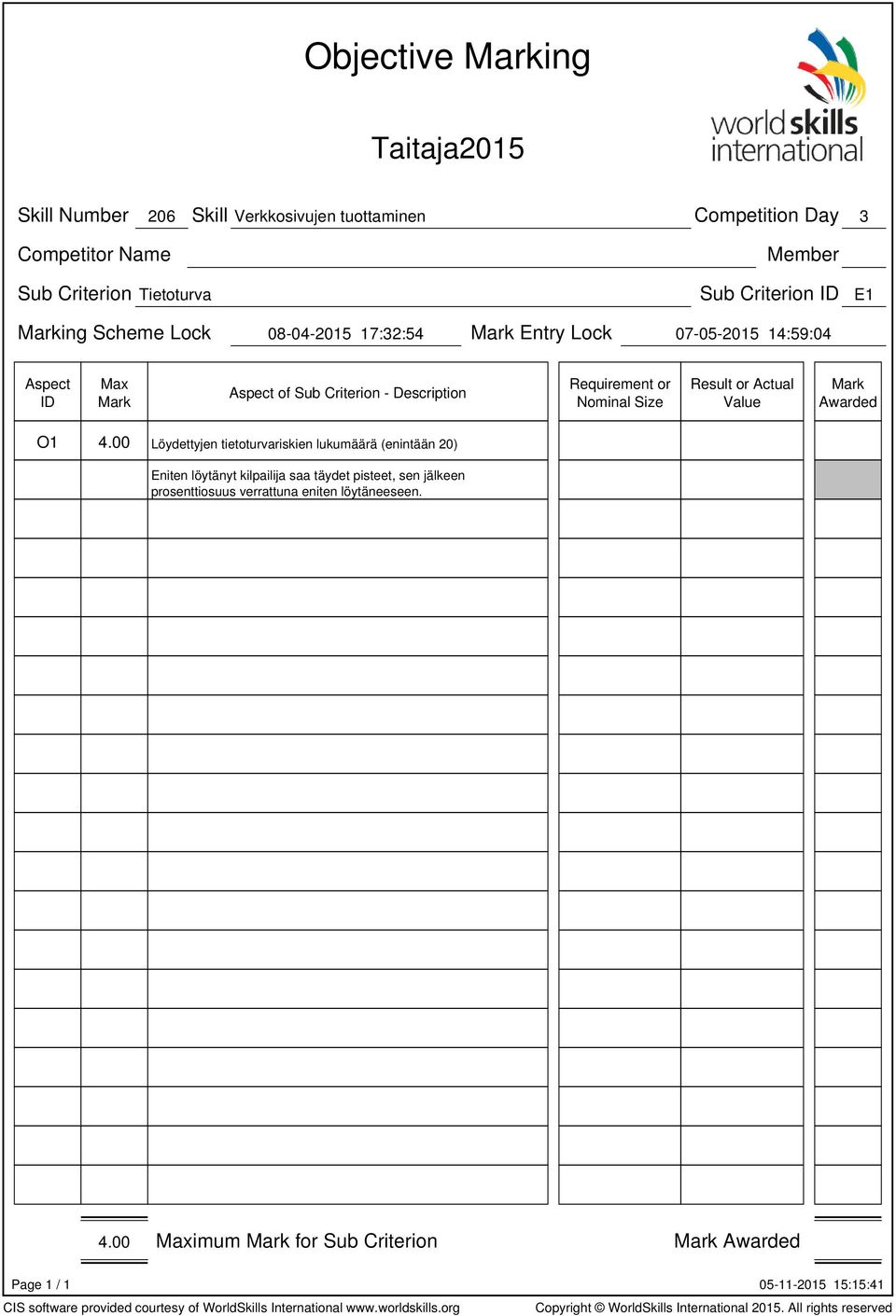 Requirement or Nominal Size Result or Value O1 4.