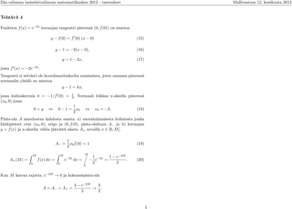 y = 2(x ), (6) y = 2x, (7) Tangentti ei selvästi ole koordinaattiakselin suuntainen, joten samassa pisteessä normaalin yhtälö on muotoa y = kx, jossa kulmakerroin k = /f () = 2.