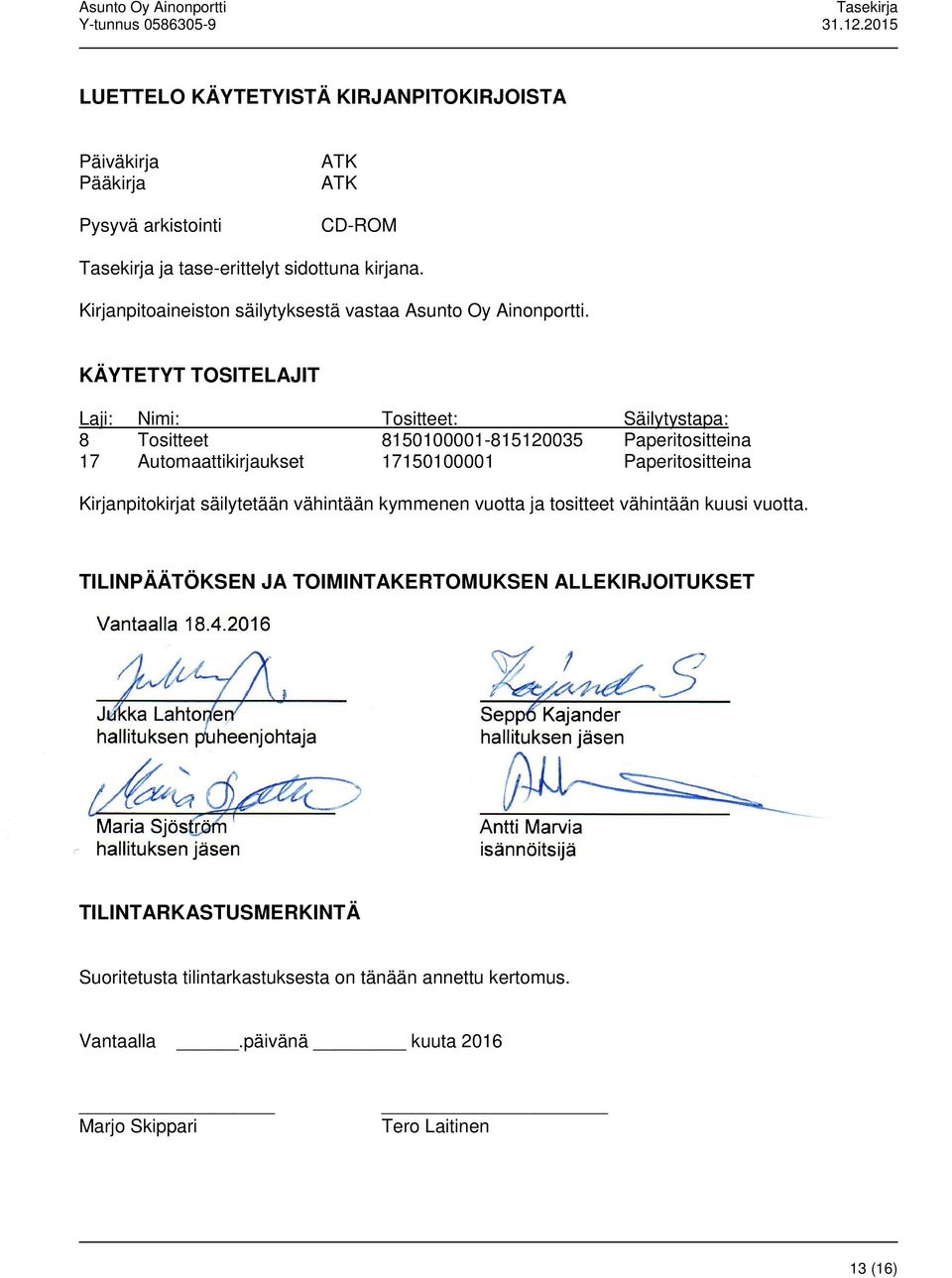 kymmenen vuotta ja tositteet vähintään kuusi vuotta. TILINPÄÄTÖKSEN JA TOIMINTAKERTOMUKSEN ALLEKIRJOITUKSET Vantaalla 18.4.