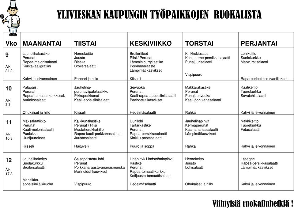 3. Palapaisti Aurinkosalaatti Jauhelihaperunaviipalelaatikko Pikkuporkkanat Kaali-appelsiinisalaatti Seivuoka Kaali-rapea-appelsiinisalaatti Paahdetut kasvikset Makkarakastike Punajuurivuoka