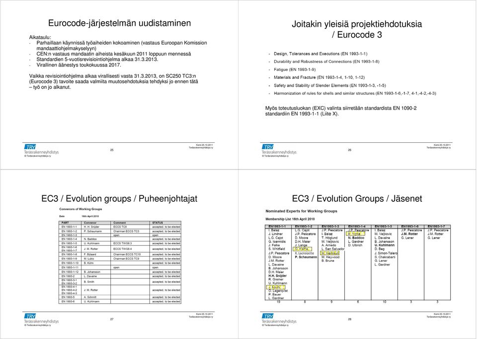 Joitakin yleisiä projektiehdotuksia / Eurocode 3 Vaikka revisiointiohjelma alkaa virallisesti vasta 31.3.2013, on SC250 TC3:n (Eurocode 3) tavoite saada valmiita muutosehdotuksia tehdyksi jo ennen tätä työ on jo alkanut.