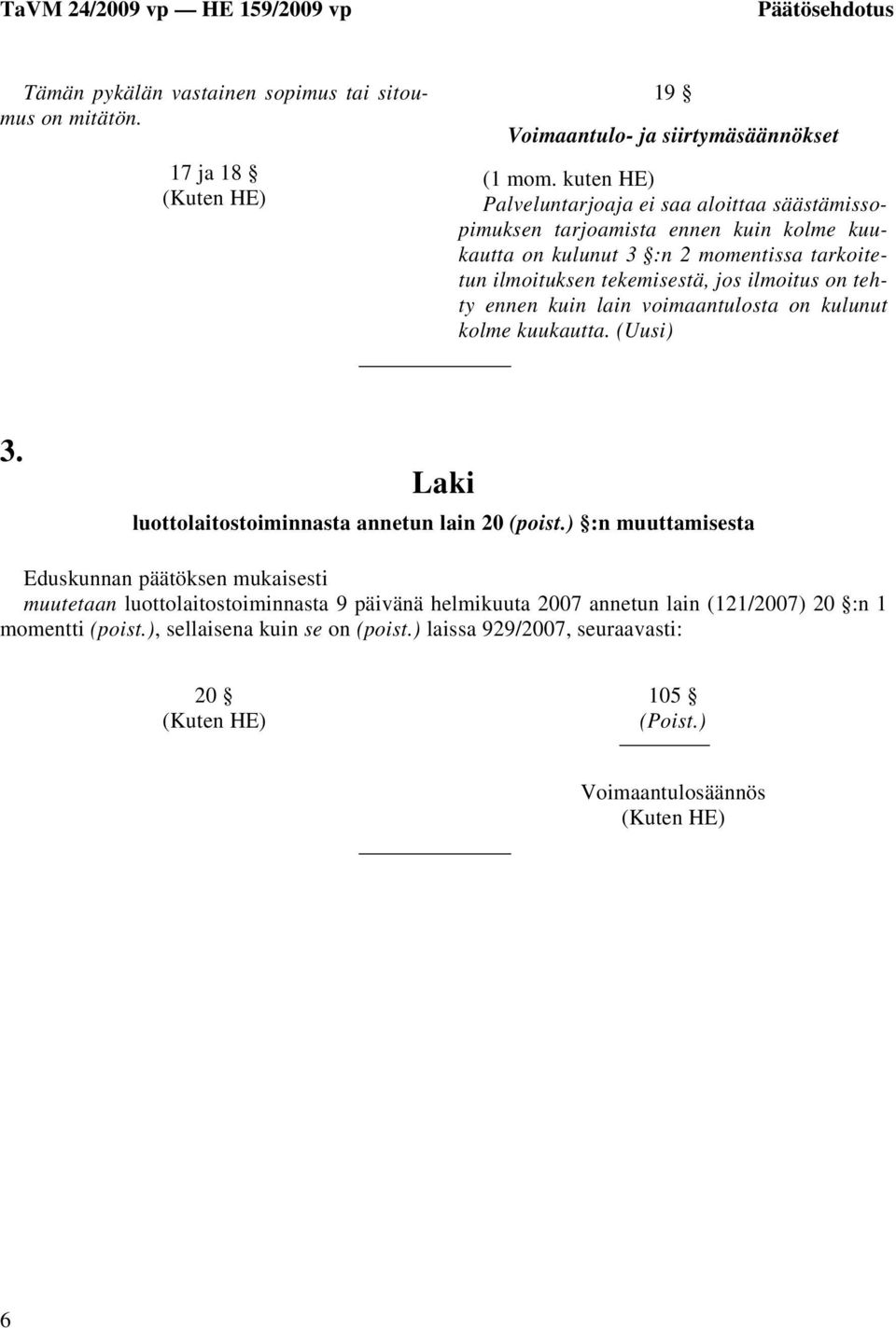 on tehty ennen kuin lain voimaantulosta on kulunut kolme kuukautta. (Uusi) 3. Laki luottolaitostoiminnasta annetun lain 20 (poist.