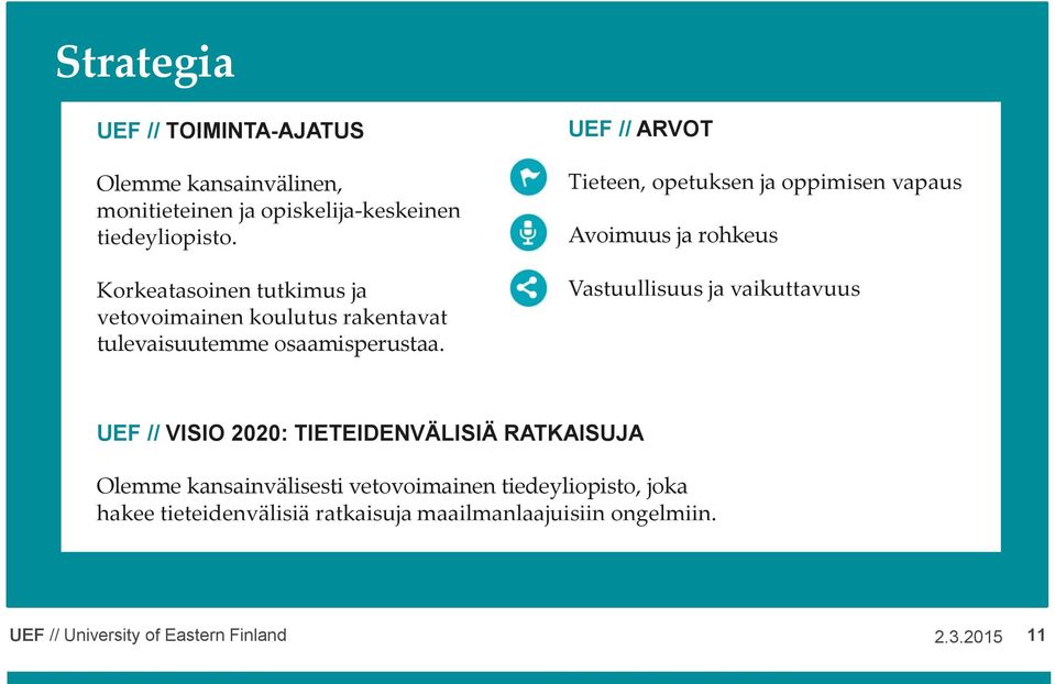 UEF // ARVOT Tieteen, opetuksen ja oppimisen vapaus Avoimuus ja rohkeus Vastuullisuus ja vaikuttavuus UEF // VISIO 2020: