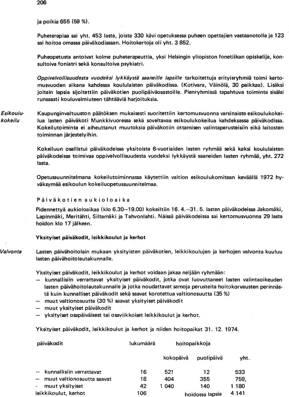 Oppivelvollisuudesta vuodeksi lykkäystä saaneille lapsille tarkoitettuja erityisryhmiä toimi kertomusvuoden aikana kahdessa koululaisten päiväkodissa. (Kotivara, Väinölä, 30 paikkaa).