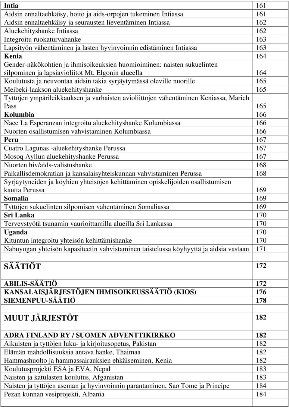 Elgonin alueella 164 Koulutusta ja neuvontaa aidsin takia syrjäytymässä oleville nuorille 165 Meibeki-laakson aluekehityshanke 165 Tyttöjen ympärileikkauksen ja varhaisten avioliittojen vähentäminen