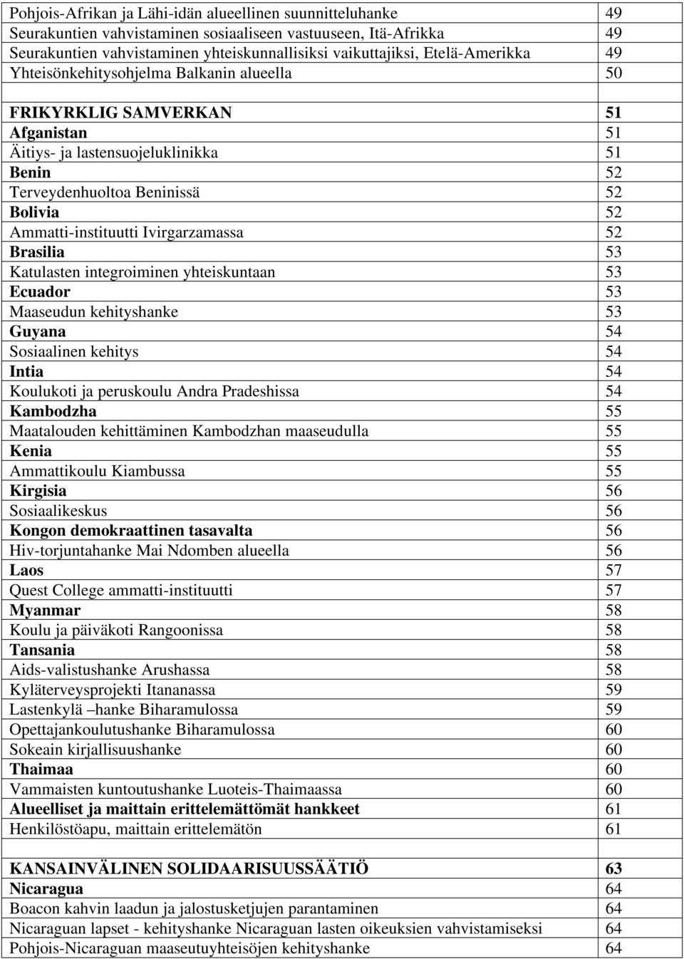 Ammatti-instituutti Ivirgarzamassa 52 Brasilia 53 Katulasten integroiminen yhteiskuntaan 53 Ecuador 53 seudun kehityshanke 53 Guyana 54 Sosiaalinen kehitys 54 Intia 54 Koulukoti ja peruskoulu Andra